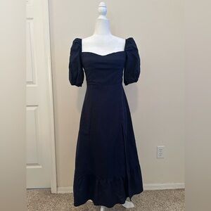 O.P.T. Violetta Navy Blue Midi Dress Sz M Linen Blend Milkmaid Minimalist Summer
